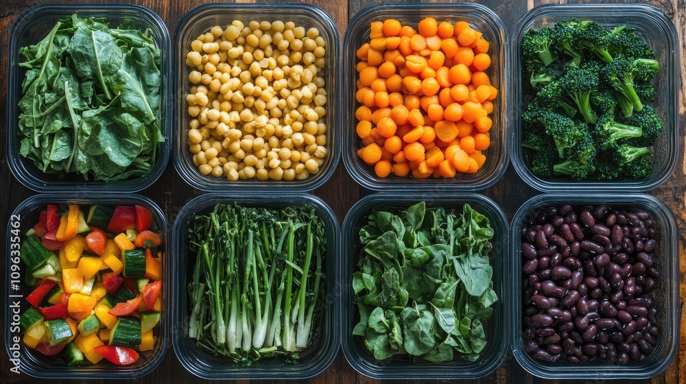 Vibrant meal prep containers filled with fresh greens, protein-rich legumes, and a colorful assortment of vegetables arranged neatly. Vibrant meal prep containers filled with fresh greens, protein-rich legumes, and a colorful assortment of vegetables arranged neatly.