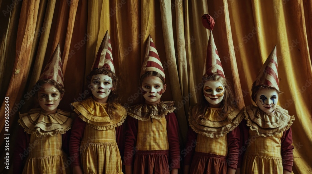 Children in masks and hats stand in front of a yellow curtain Children in masks and hats stand in front of a yellow curtain