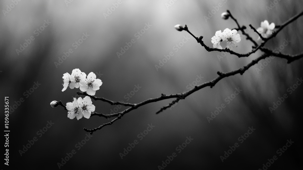 A single branch with delicate white blossoms against a blurred background. A single branch with delicate white blossoms against a blurred background.