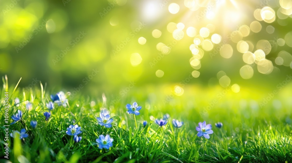 Close-up of delicate blue flowers among lush green grass, illuminated by soft bokeh sparkles under bright sunlight, creating a serene natural scene. Close-up of delicate blue flowers among lush green grass, illuminated by soft bokeh sparkles under bright sunlight, creating a serene natural scene.
