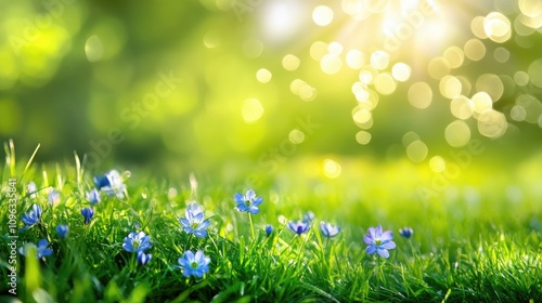 Close-up of delicate blue flowers among lush green grass, illuminated by soft bokeh sparkles under bright sunlight, creating a serene natural scene.