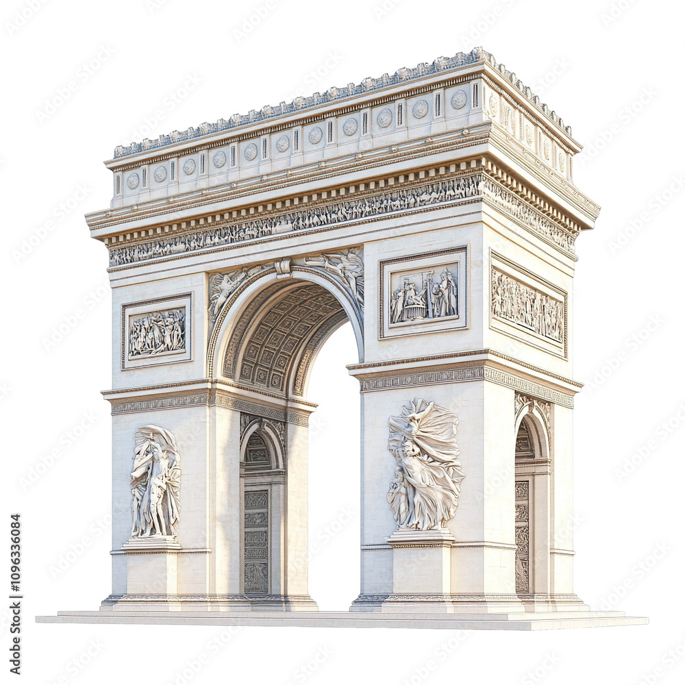 3D front view illustration of the Arc de Triomphe monument isolated on a white transparent background 3D front view illustration of the Arc de Triomphe monument isolated on a white transparent background