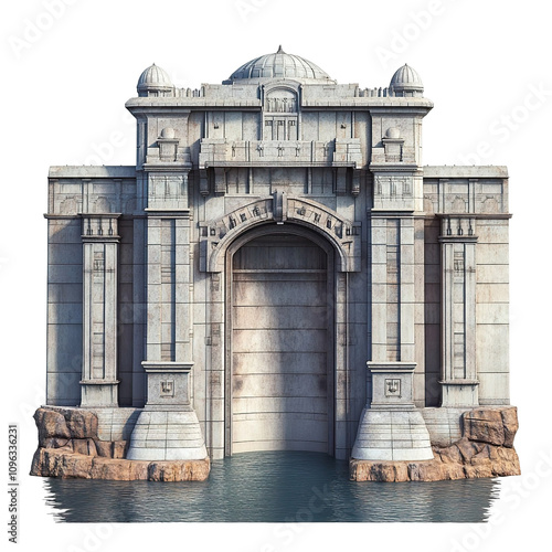 3D front view illustration of the Bhakra Nangal Dam monument isolated on a white transparent background photo