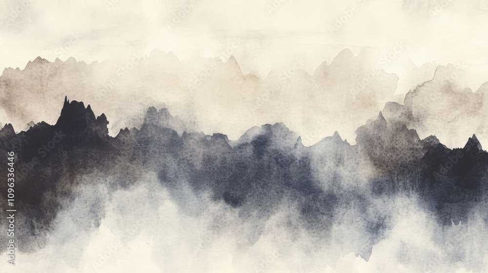 Abstract watercolor mountain landscape in soft neutral tones with dark peaks, creating a serene and tranquil atmosphere. Abstract watercolor mountain landscape in soft neutral tones with dark peaks, creating a serene and tranquil atmosphere.
