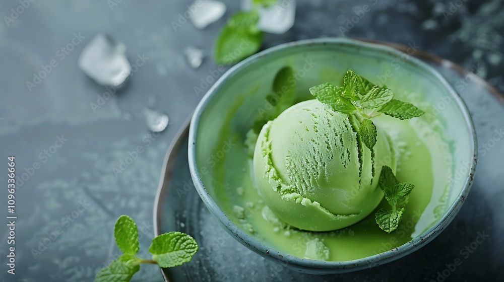 Cold green ice cream and refreshing organic water dessert for the summer Cold green ice cream and refreshing organic water dessert for the summer
