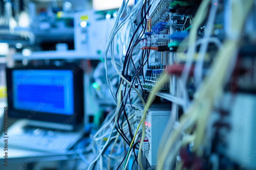 a close-up view of tangled computer network cables connected to electronic devices in a busy data center with a blue tone
a close-up view of tangled computer network cables connected to electronic devices in a busy data center with a blue tone