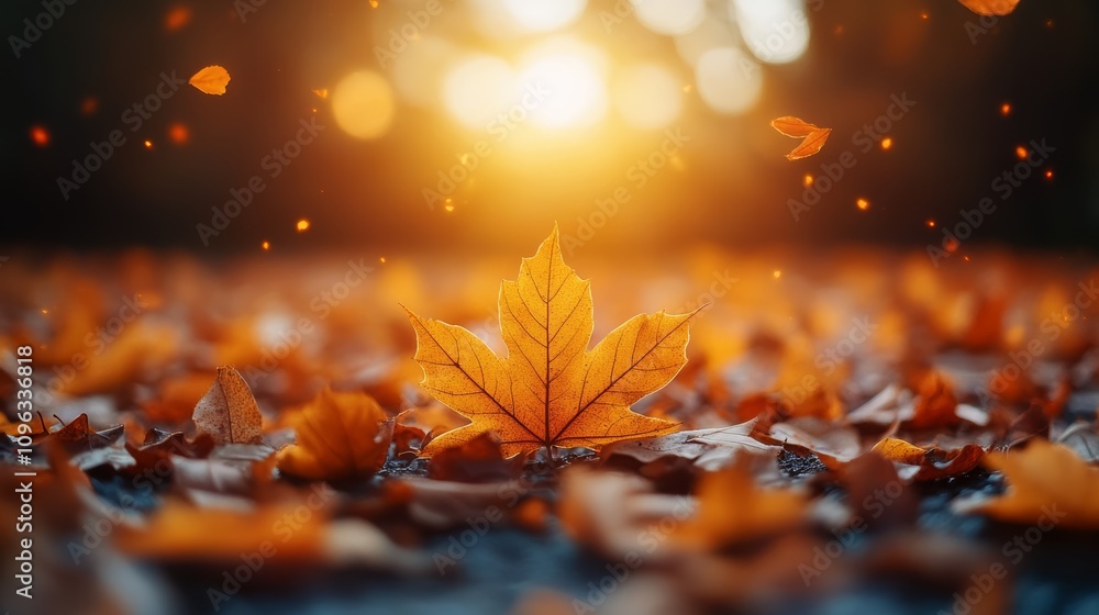 A single orange maple leaf stands out against a backdrop of fallen leaves, with the sun shining through the trees in the background. A single orange maple leaf stands out against a backdrop of fallen leaves, with the sun shining through the trees in the background.