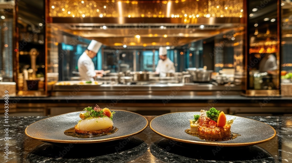 A detailed shot of two artfully plated meals in the hands of a chef, against the backdrop of a professional kitchen. A detailed shot of two artfully plated meals in the hands of a chef, against the backdrop of a professional kitchen.