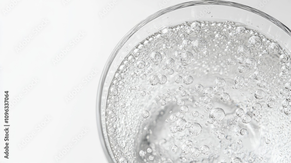 A detailed view of a glass of icy water, surrounded by sparkling droplets and set against a minimalist white backdrop. A detailed view of a glass of icy water, surrounded by sparkling droplets and set against a minimalist white backdrop.