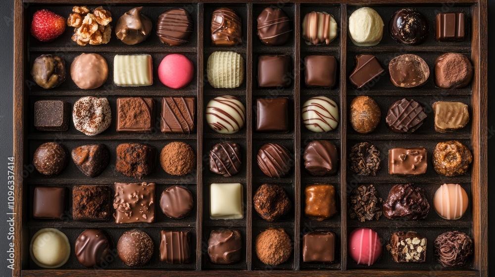 A beautifully arranged selection of assorted chocolate confections in a wooden box, showcasing various shapes, colors, and textures of pralines, truffles, and chocolate-covered treats. A beautifully arranged selection of assorted chocolate confections in a wooden box, showcasing various shapes, colors, and textures of pralines, truffles, and chocolate-covered treats.