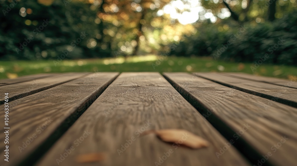 Wooden tabletop in focus with a softly blurred natural garden backdrop, perfect for displaying products with a serene outdoor ambiance. Wooden tabletop in focus with a softly blurred natural garden backdrop, perfect for displaying products with a serene outdoor ambiance.
