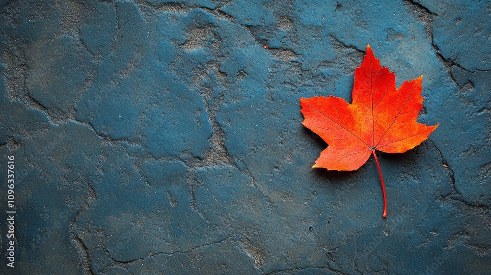 A single red maple leaf on a blue textured background. A single red maple leaf on a blue textured background.