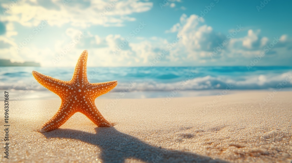 A single starfish rests on a pristine white sandy beach with a calm ocean and a bright blue sky in the background. A single starfish rests on a pristine white sandy beach with a calm ocean and a bright blue sky in the background.
