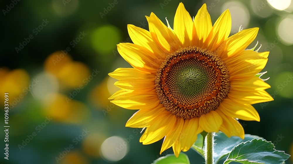 Fototapeta premium A single sunflower in bloom, facing the sun, with a blurred background of other sunflowers and green foliage.