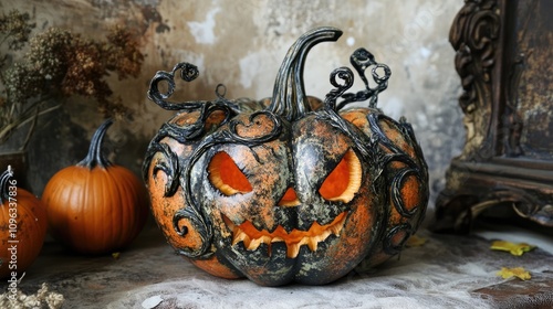 Intricately carved spooky pumpkin with ornate black vines, glowing eyes, and jagged teeth, set against a rustic background with additional pumpkins.