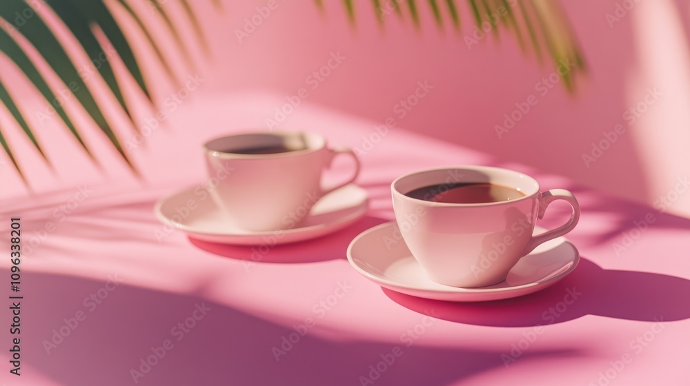 Two white cups of coffee on pink tabletop with soft shadows and palm fronds, creating a romantic and cozy atmosphere. Two white cups of coffee on pink tabletop with soft shadows and palm fronds, creating a romantic and cozy atmosphere.