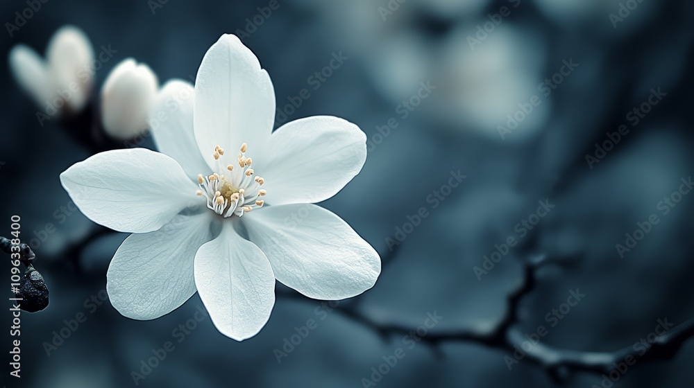 Fototapeta premium A single white flower blossoms on a branch with a blurred background.