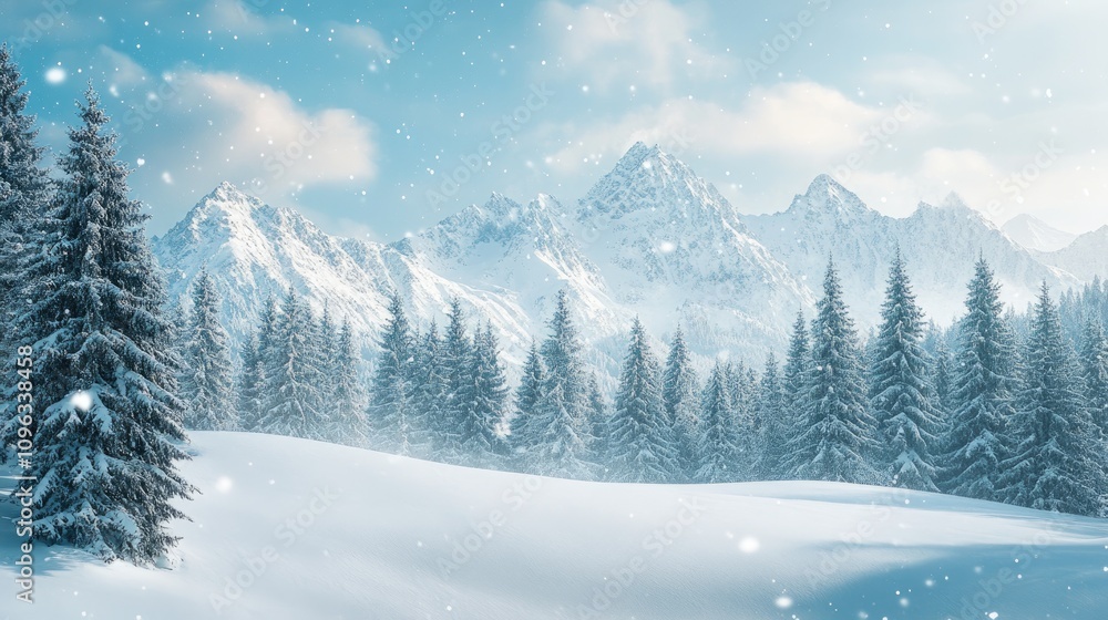 Snowy mountain range with towering fir trees under a bright sky, creating a serene winter landscape ideal for festive holiday themes. Snowy mountain range with towering fir trees under a bright sky, creating a serene winter landscape ideal for festive holiday themes.