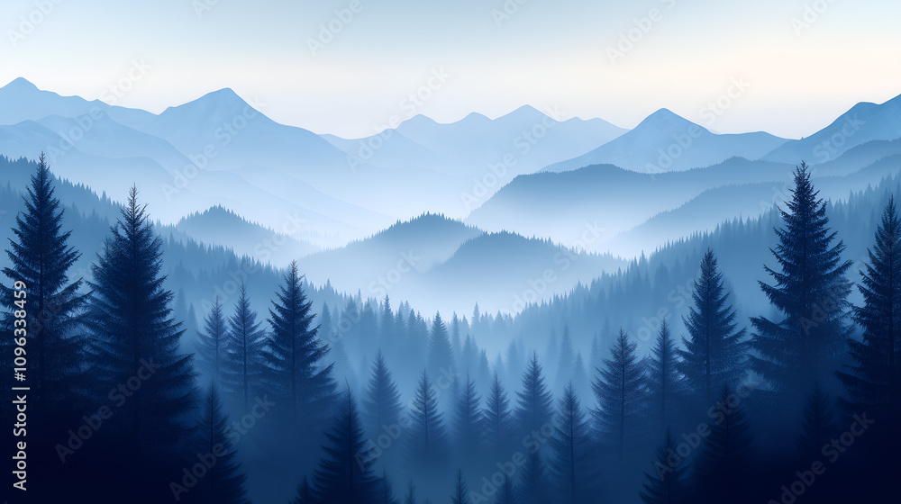 misty pine forest with tall trees, set against the backdrop of mountains in shades of blue and gray. misty pine forest with tall trees, set against the backdrop of mountains in shades of blue and gray.