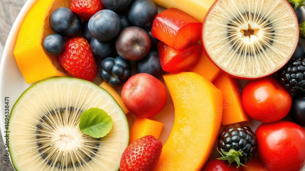 A close-up shot of a plate with colorful fruits and vegetables arranged in different textures for a balanced diet, organic A close-up shot of a plate with colorful fruits and vegetables arranged in different textures for a balanced diet, organic