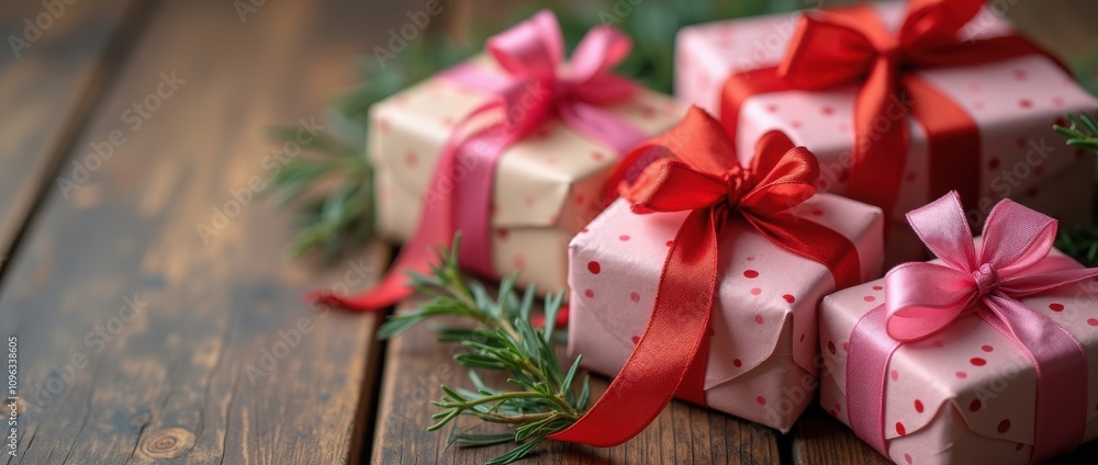 Wrapped gift boxes with red and pink ribbons, surrounded by pine sprigs on wooden surface. Christmas, holiday, gift-giving theme Wrapped gift boxes with red and pink ribbons, surrounded by pine sprigs on wooden surface. Christmas, holiday, gift-giving theme