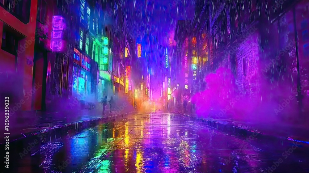 A neon-lit city street shines in the rain, surrounded by smog and smoke, with vibrant colors piercing the dark night. A neon-lit city street shines in the rain, surrounded by smog and smoke, with vibrant colors piercing the dark night.