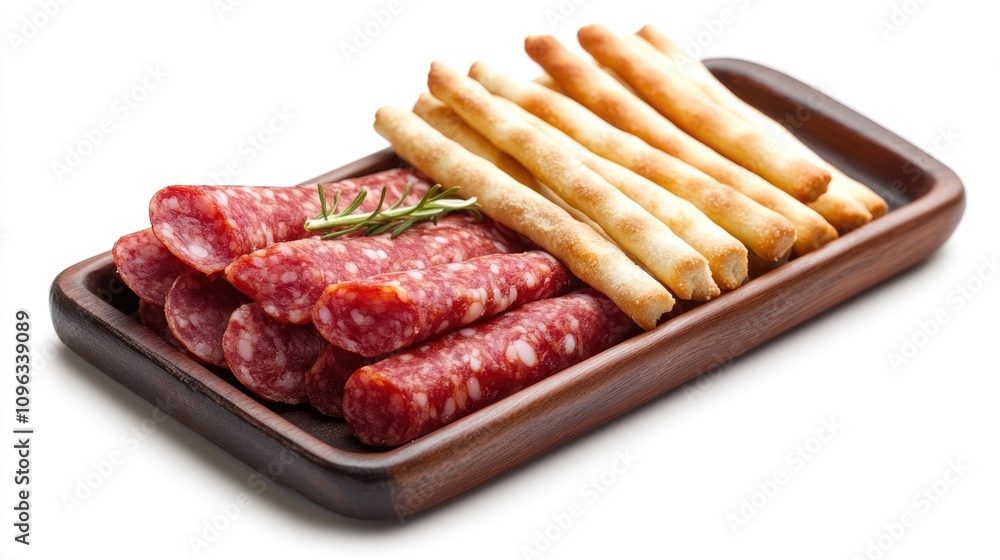 Iberian salami slices arranged with crispy breadsticks on a wooden serving platter, viewed from above against a clean white background. Iberian salami slices arranged with crispy breadsticks on a wooden serving platter, viewed from above against a clean white background.