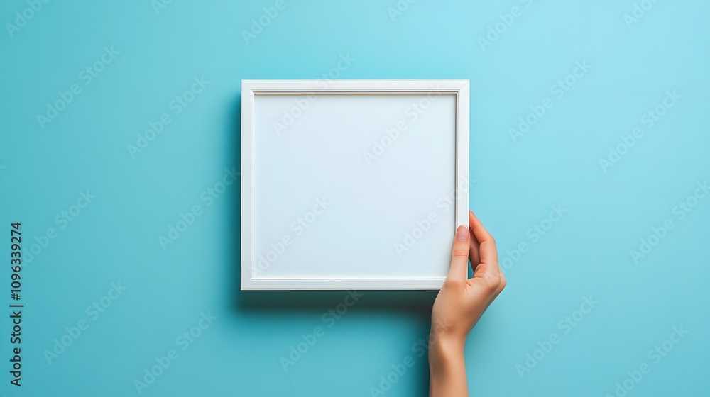 Hand Holding Blank Frame on Blue Hand Holding Blank Frame on Blue