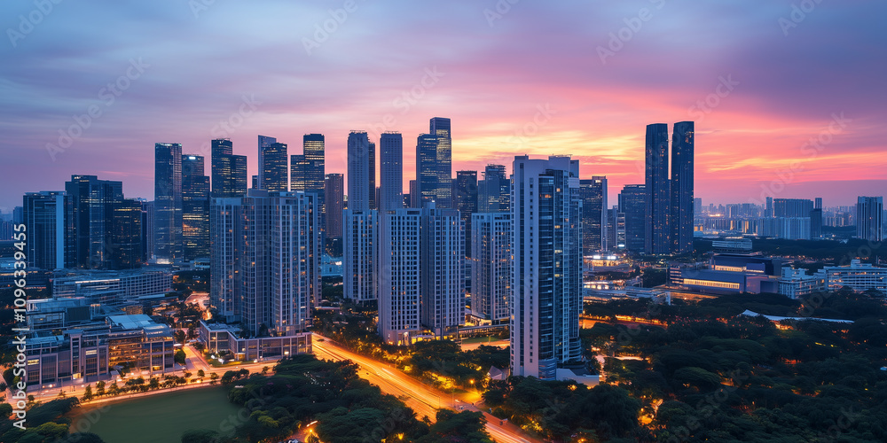 Obraz premium Modern City Skyline with CBD Office Buildings at Sunset, Drone View