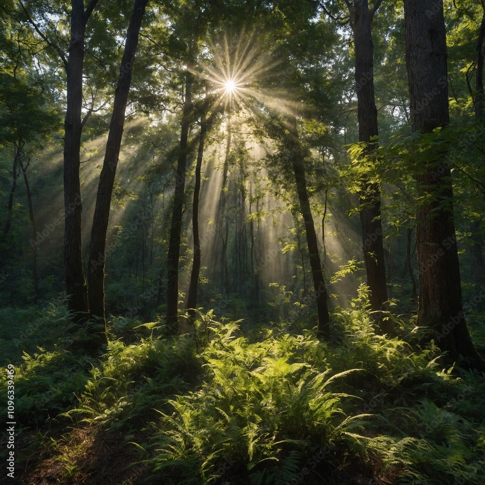 Obraz premium A tranquil forest clearing with sunlight streaming through the canopy.