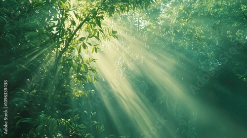 Sunlight streams through lush green foliage, creating ethereal rays in a tranquil forest ambiance.