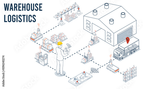 Smart warehouse logistics combines automated robots and systems to efficiently manage inventory flow and operations. Vector illustration EPS 10