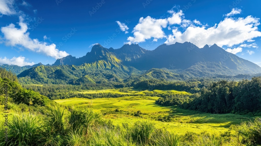 Obraz premium Mountain range in the distance with lush green meadows in the foreground, under a vibrant blue sky