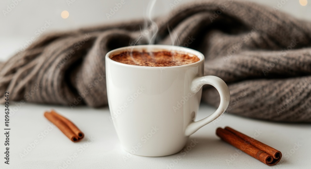 Cozy winter coffee with cinnamon warm scarf