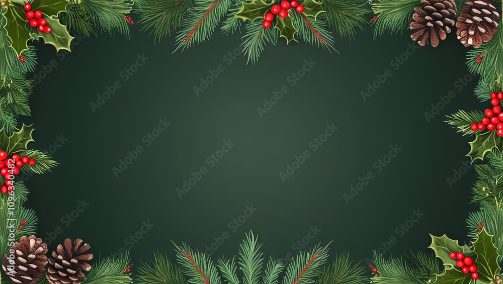 Festive Holiday Dark Green Background with Border of Evergreen Branches, Holly Berries, Pine Cones and Snowflakes with Copy Space in Middle, Greetings Card, Christmas Banner, Winter Backdrop Festive Holiday Dark Green Background with Border of Evergreen Branches, Holly Berries, Pine Cones and Snowflakes with Copy Space in Middle, Greetings Card, Christmas Banner, Winter Backdrop