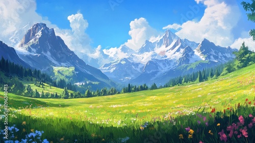 Mountain range in the distance with lush green meadows in the foreground, under a vibrant blue sky