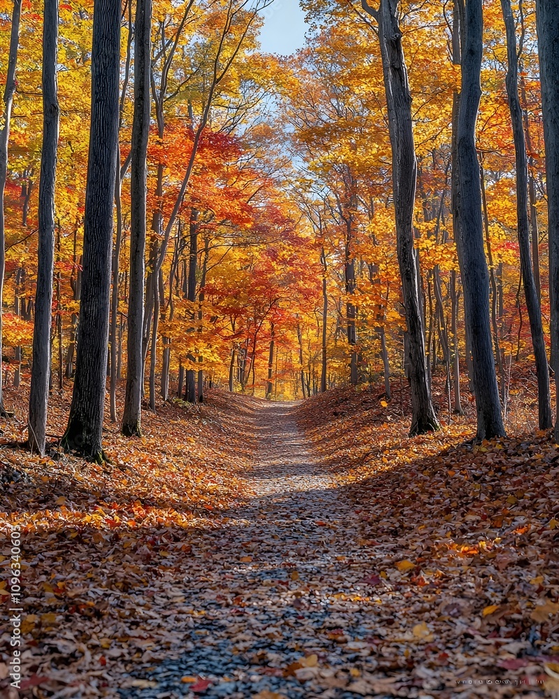 A scenic autumn trail lined with vibrant trees showcasing a mix of orange, red, and yellow leaves, leading through a peaceful forest path. A scenic autumn trail lined with vibrant trees showcasing a mix of orange, red, and yellow leaves, leading through a peaceful forest path.