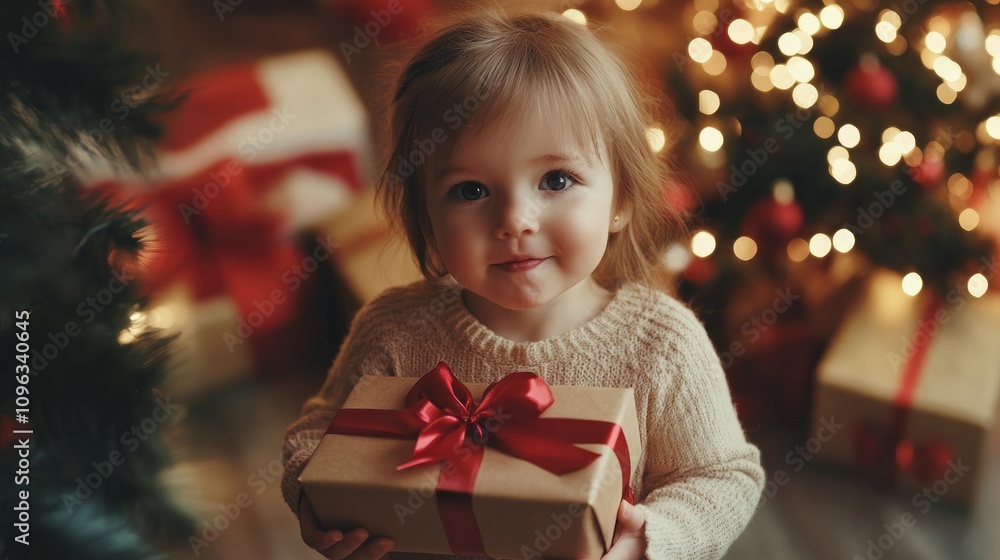 A young girl is holding a brown box with a red ribbon on it A young girl is holding a brown box with a red ribbon on it