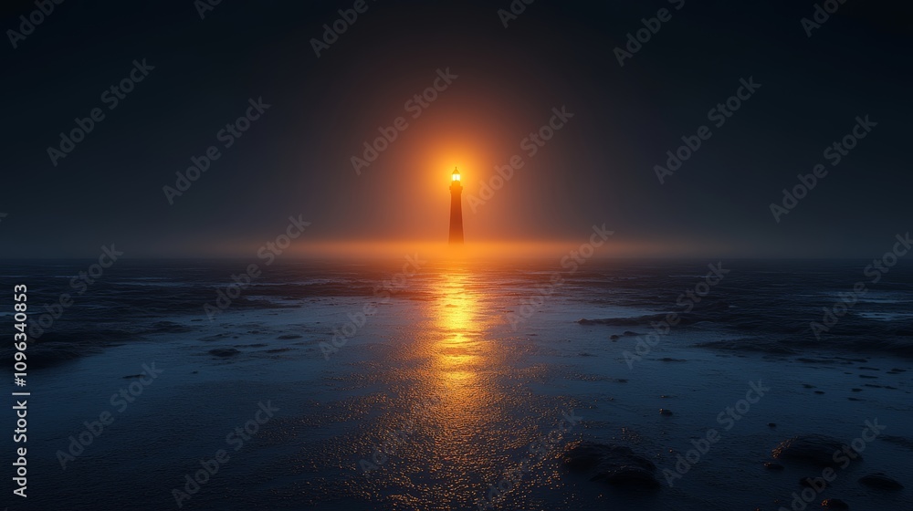A solitary lighthouse stands tall against a dark, foggy sky, its beacon casting a warm glow over the calm waters below. A solitary lighthouse stands tall against a dark, foggy sky, its beacon casting a warm glow over the calm waters below.