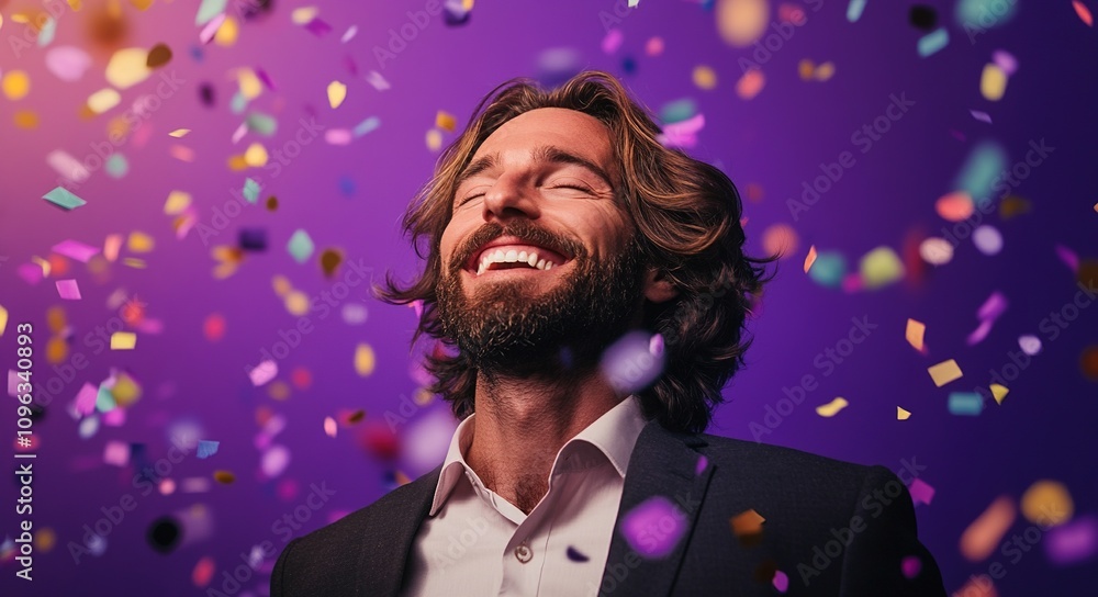 handsome man is smiling at the camera, surrounded by confetti and lights handsome man is smiling at the camera, surrounded by confetti and lights