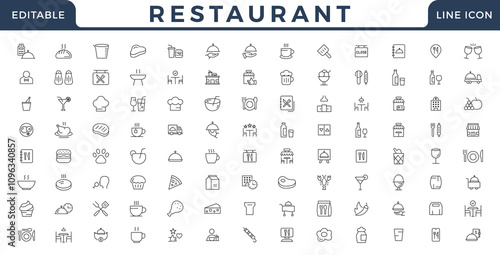 Restaurant related icons. Set Vector Line Icons of Restaurant Business vector icon set, black and white kit