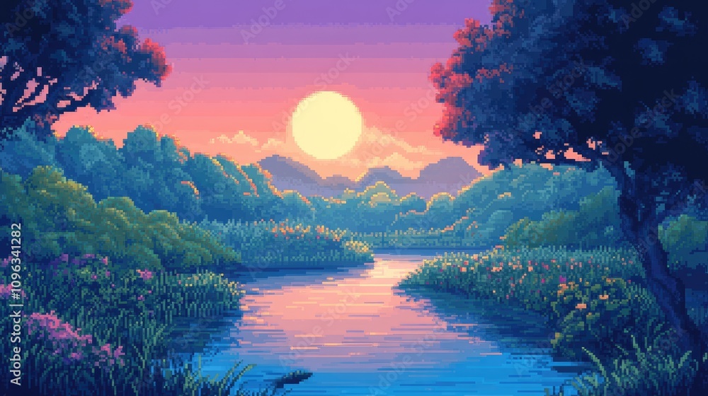 A richly detailed pixel art nature scene with vibrant trees, hills, and a peaceful river under a pixelated sun. A richly detailed pixel art nature scene with vibrant trees, hills, and a peaceful river under a pixelated sun.