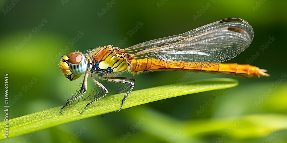 A vibrant close-up of an orange dragonfly perched on a green leaf, showcasing intricate details of its body and wings against a blurred natural background. A vibrant close-up of an orange dragonfly perched on a green leaf, showcasing intricate details of its body and wings against a blurred natural background.
