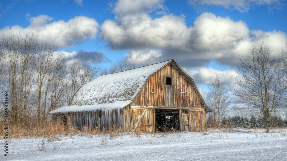 Weathered barn blanketed in fresh spring snow, framed by vibrant cloud formations and bare trees under a clear blue sky Weathered barn blanketed in fresh spring snow, framed by vibrant cloud formations and bare trees under a clear blue sky