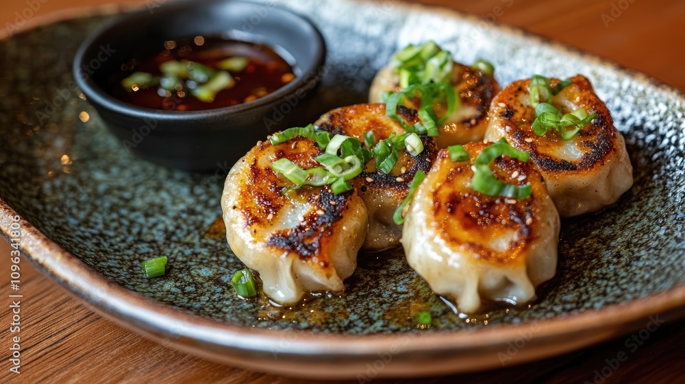 Pan-fried dumplings golden brown and crispy served with a rich dipping sauce garnished with fresh chopped green onions on a textured plate. Pan-fried dumplings golden brown and crispy served with a rich dipping sauce garnished with fresh chopped green onions on a textured plate.