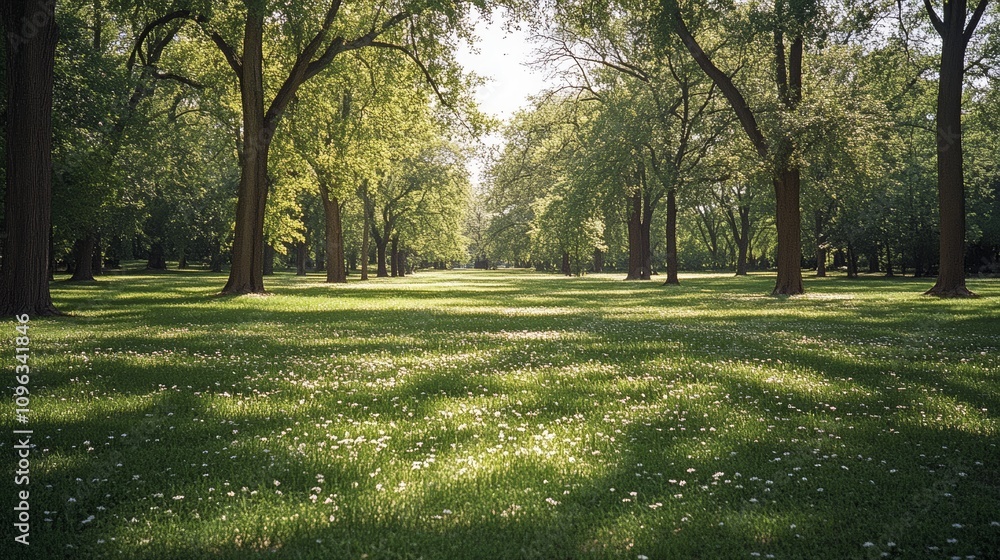 Obraz premium A sunlit grassy path lined with trees in a park.