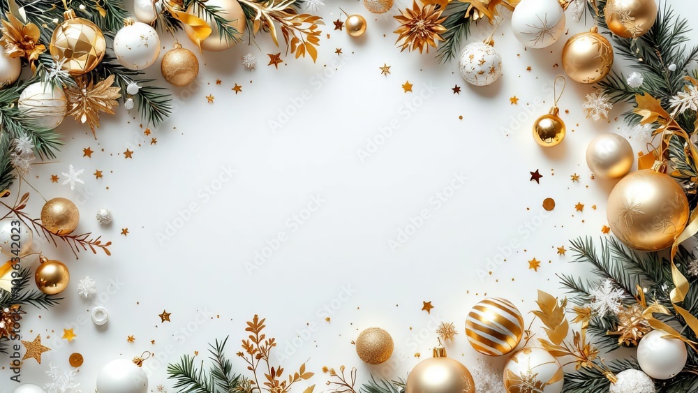 Obraz premium White Christmas flat lay: elegant ornaments, soft textures, festive cheer.