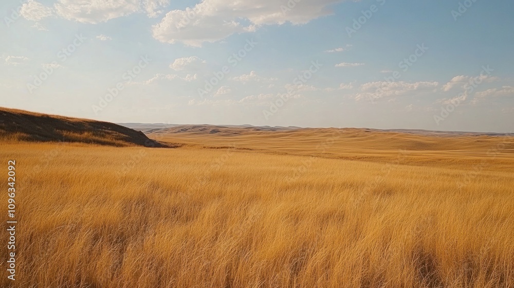 Open prairie with golden grass swaying in the breeze, creating a tranquil land background Open prairie with golden grass swaying in the breeze, creating a tranquil land background