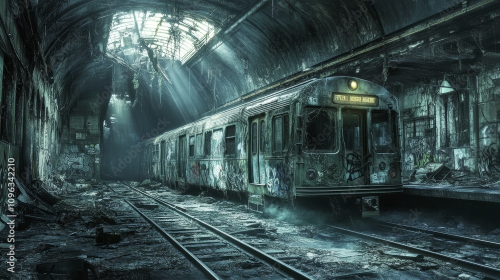 Naklejka premium A train sits abandoned in an old, crumbling subway station. Light streams through the cracked ceiling.