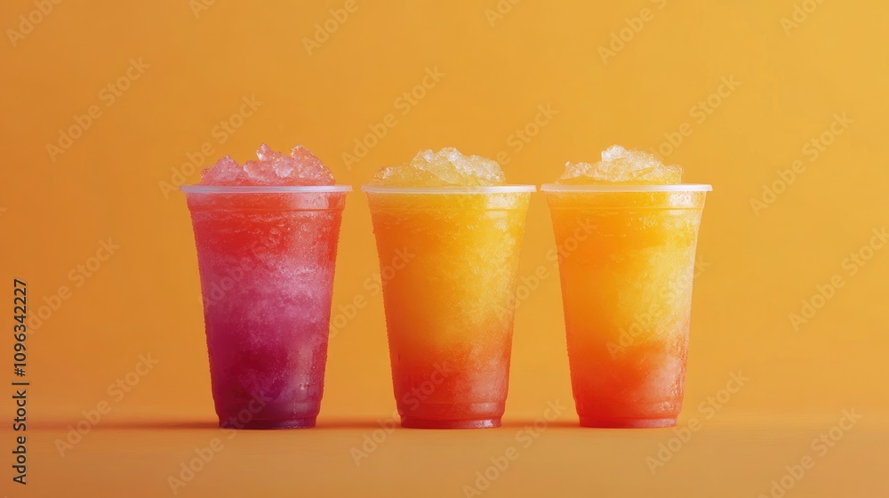 Three colorful fruity slushie drinks in clear plastic cups, filled with crushed ice and served against a bright gradient orange background, perfect for summer enjoyment. Three colorful fruity slushie drinks in clear plastic cups, filled with crushed ice and served against a bright gradient orange background, perfect for summer enjoyment.